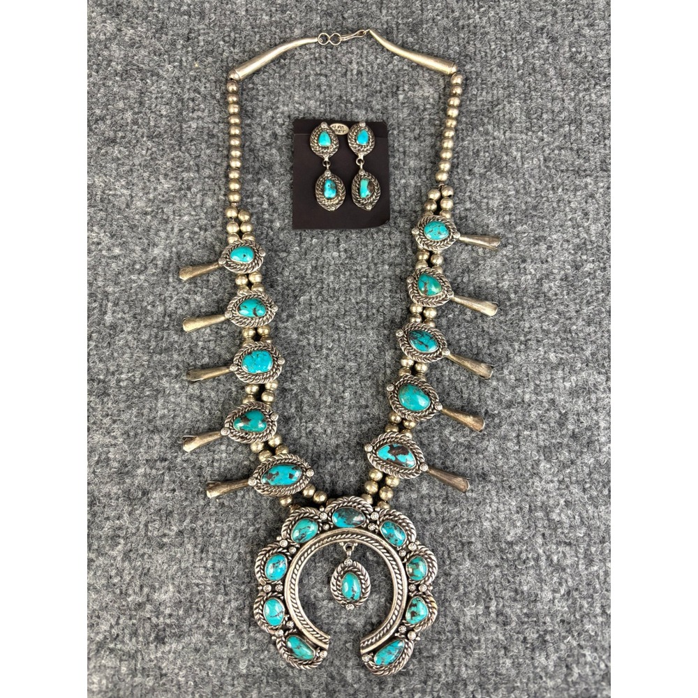 Vintage Sterling Silver Turquoise Squash Blossom Necklace 359g Navajo DC